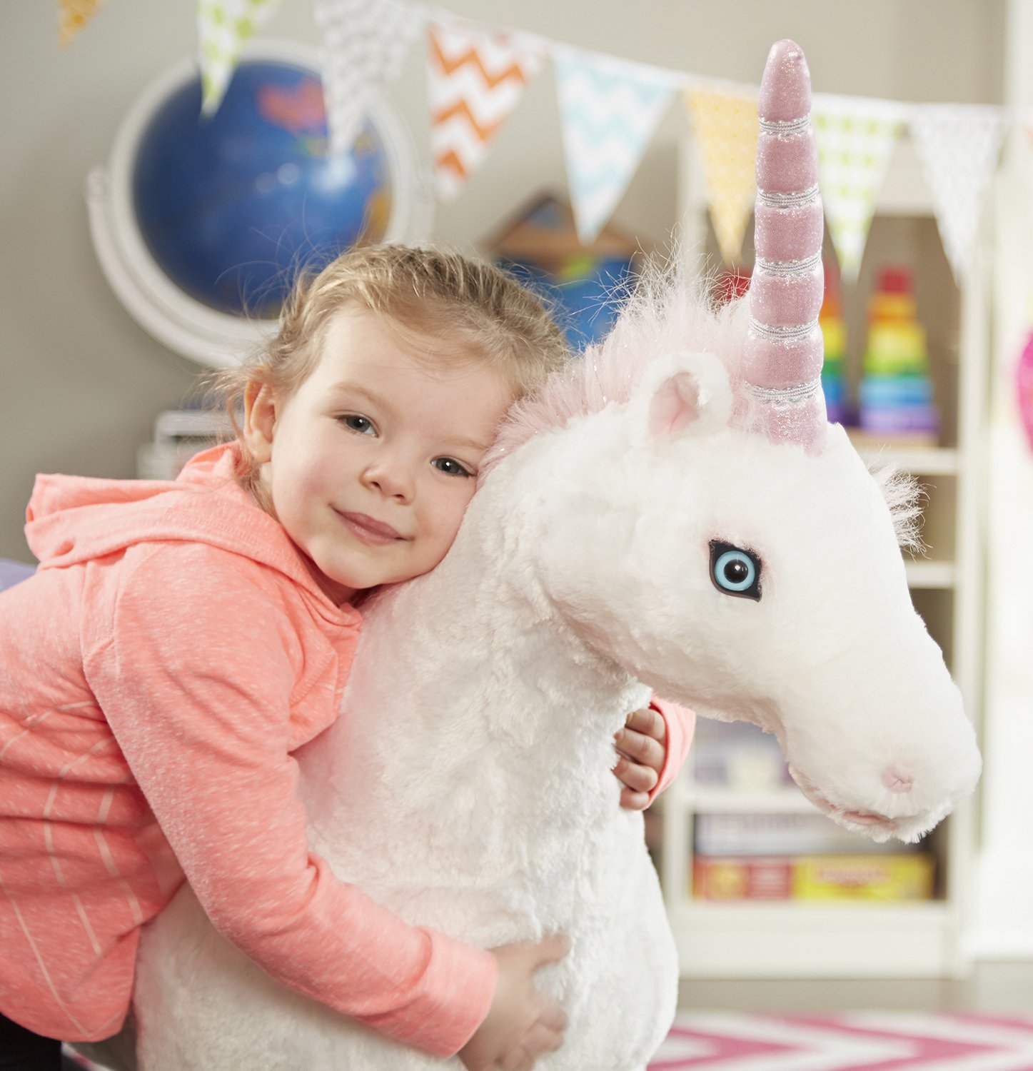 Peluche Gigante Unicorno Wagner 80 Cm - Bianco E Rosa, Morbido E Realistico, Lavabile A Mano